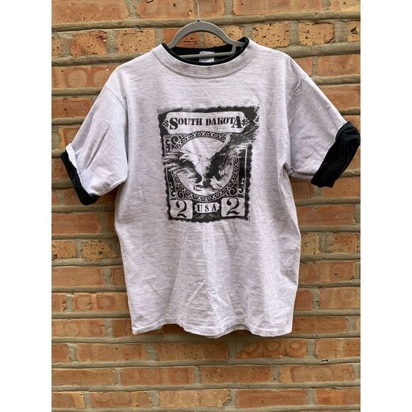 Vintage 90s Black Hills South Dakota Eagle Double Sleeve Shirt Size L - Picture 8 of 8